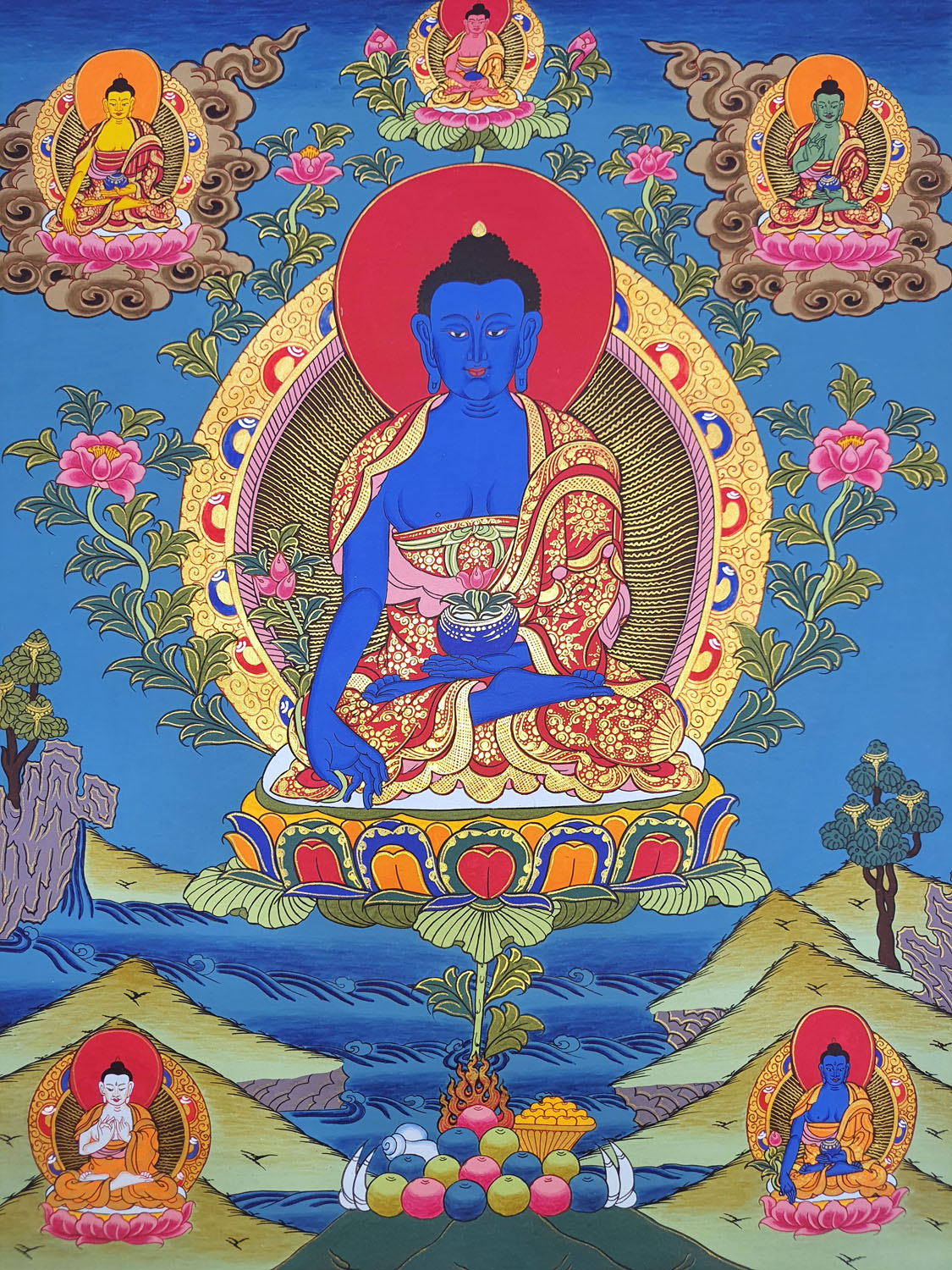 Original Hand- Painted Medicine Buddha / Bhaisajyaguru Tibetan Thangka Painting