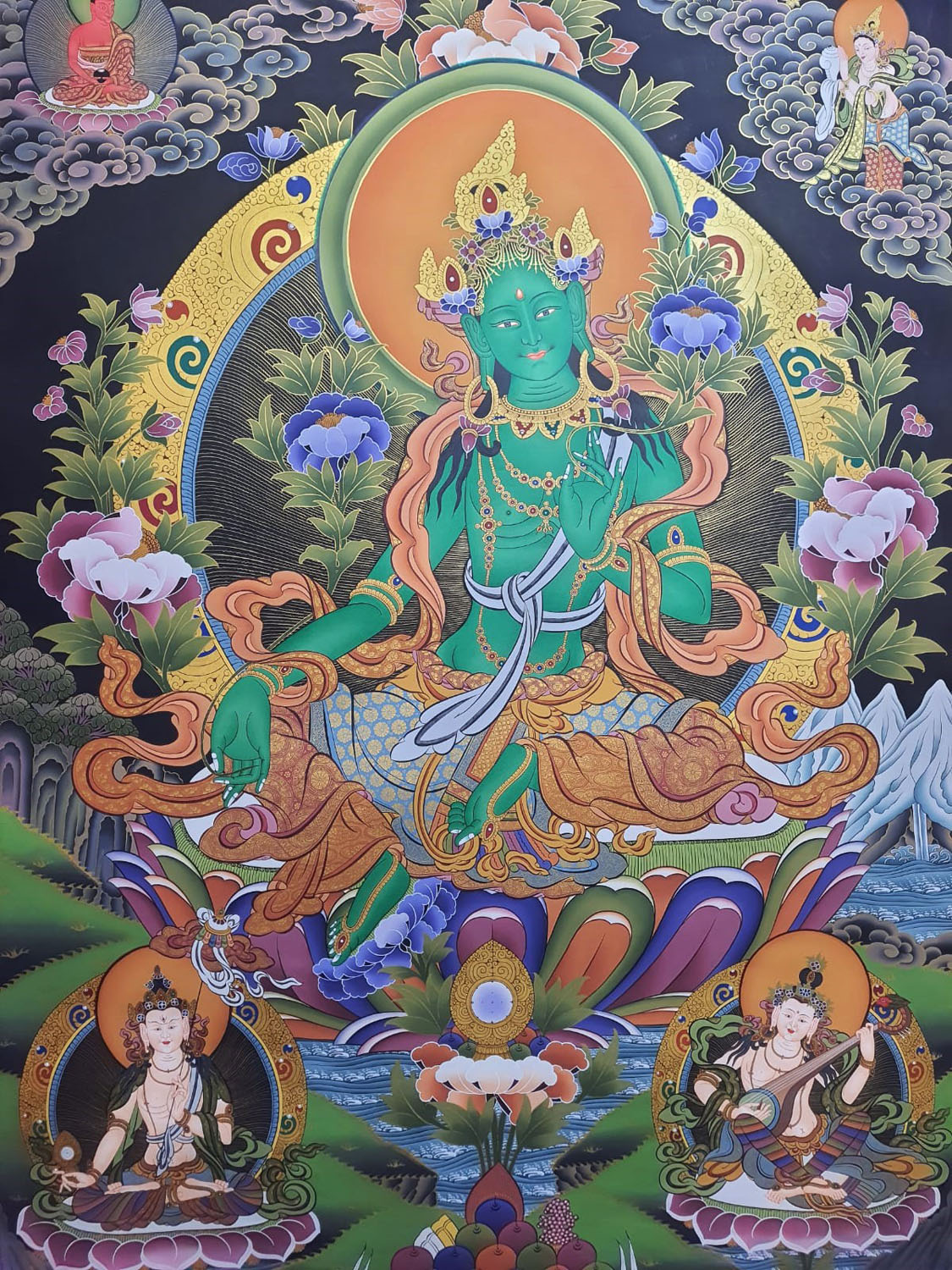 Green Tara Masterpiece Large Tibetan Hand Painted Thangka Painting From Nepal