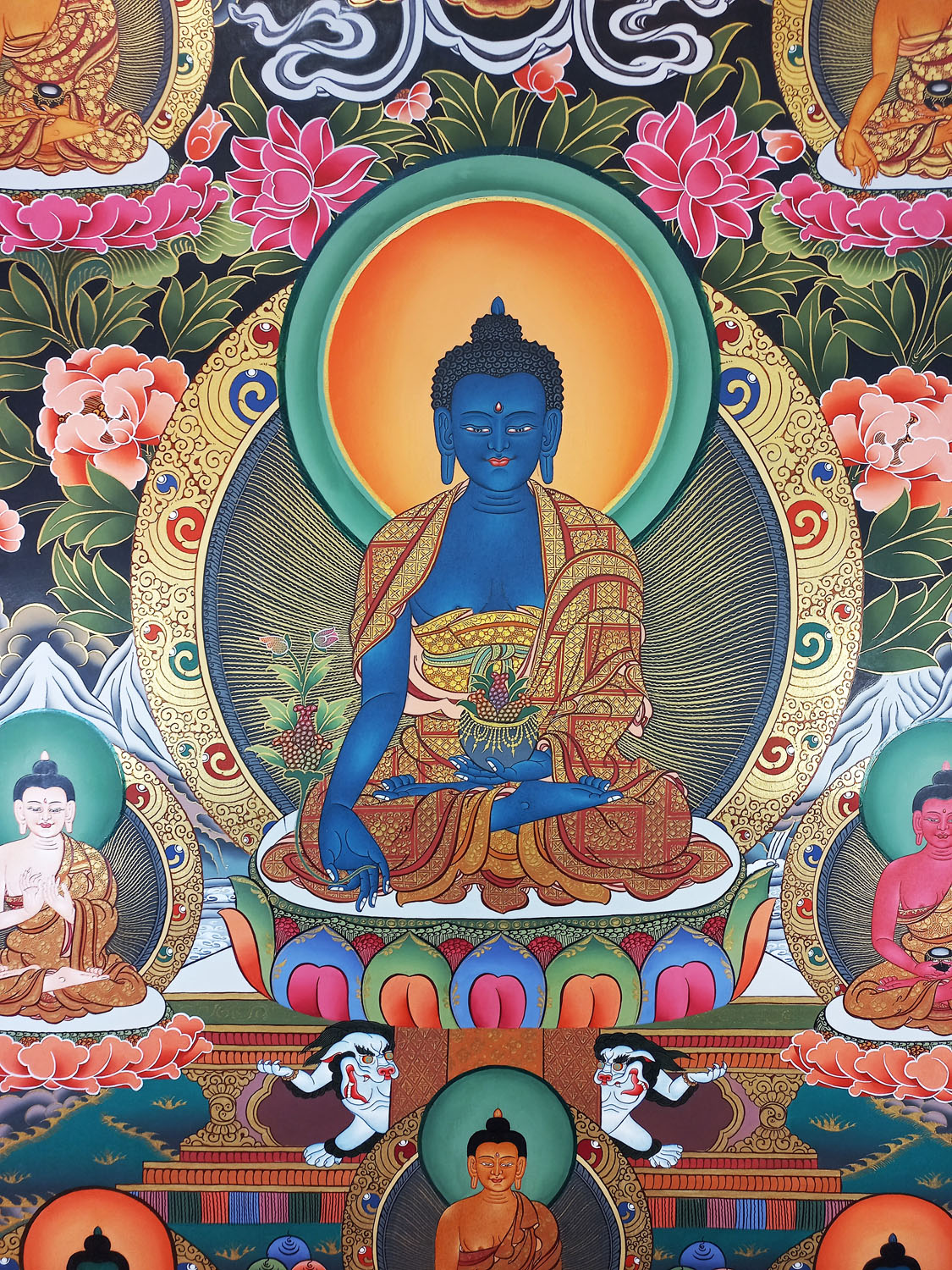 Original Hand Painted Eight Medicine Buddha / Bhaisajyaguru Masterpiece Tibetan Thangka Painting