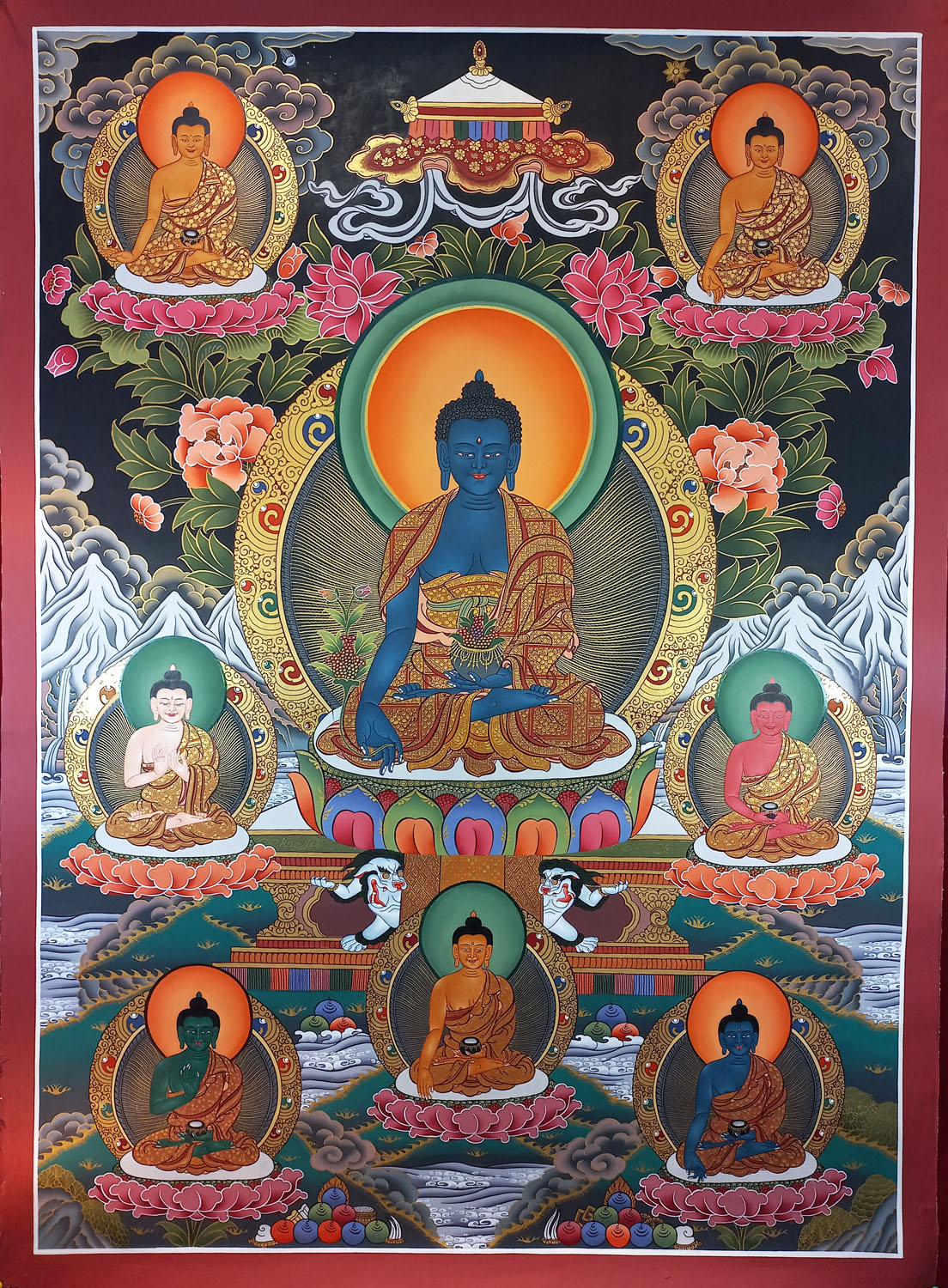 Original Hand Painted Eight Medicine Buddha / Bhaisajyaguru Masterpiece Tibetan Thangka Painting