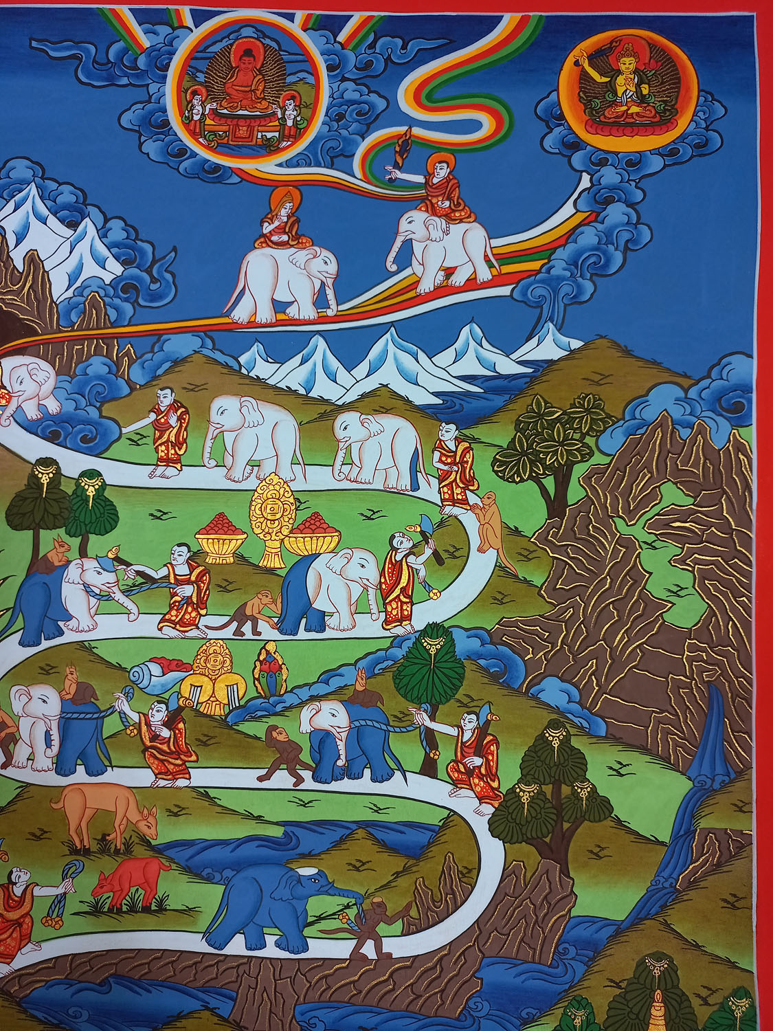 UOriginal Hand-painted Elephant Path/ Samatha Meditation/ Way to Heaven Thangka Painting