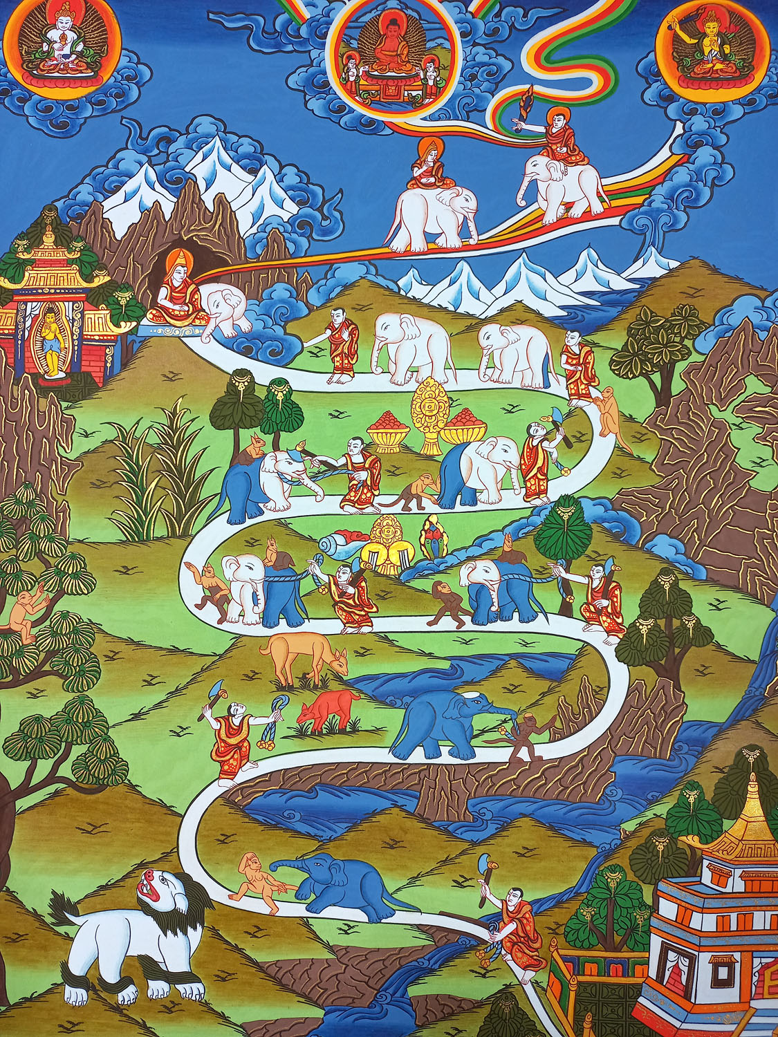 UOriginal Hand-painted Elephant Path/ Samatha Meditation/ Way to Heaven Thangka Painting