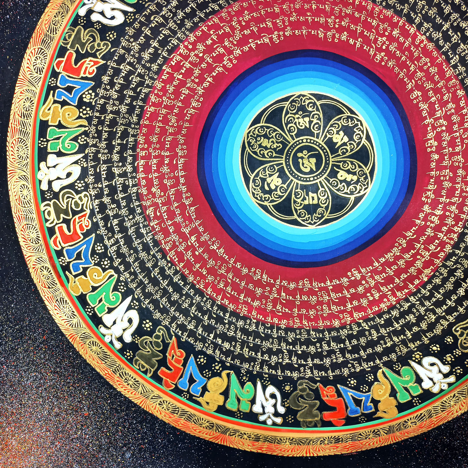 Om Hand-Hand-Painted Tibetan Mantra Mandala Thangka Painting