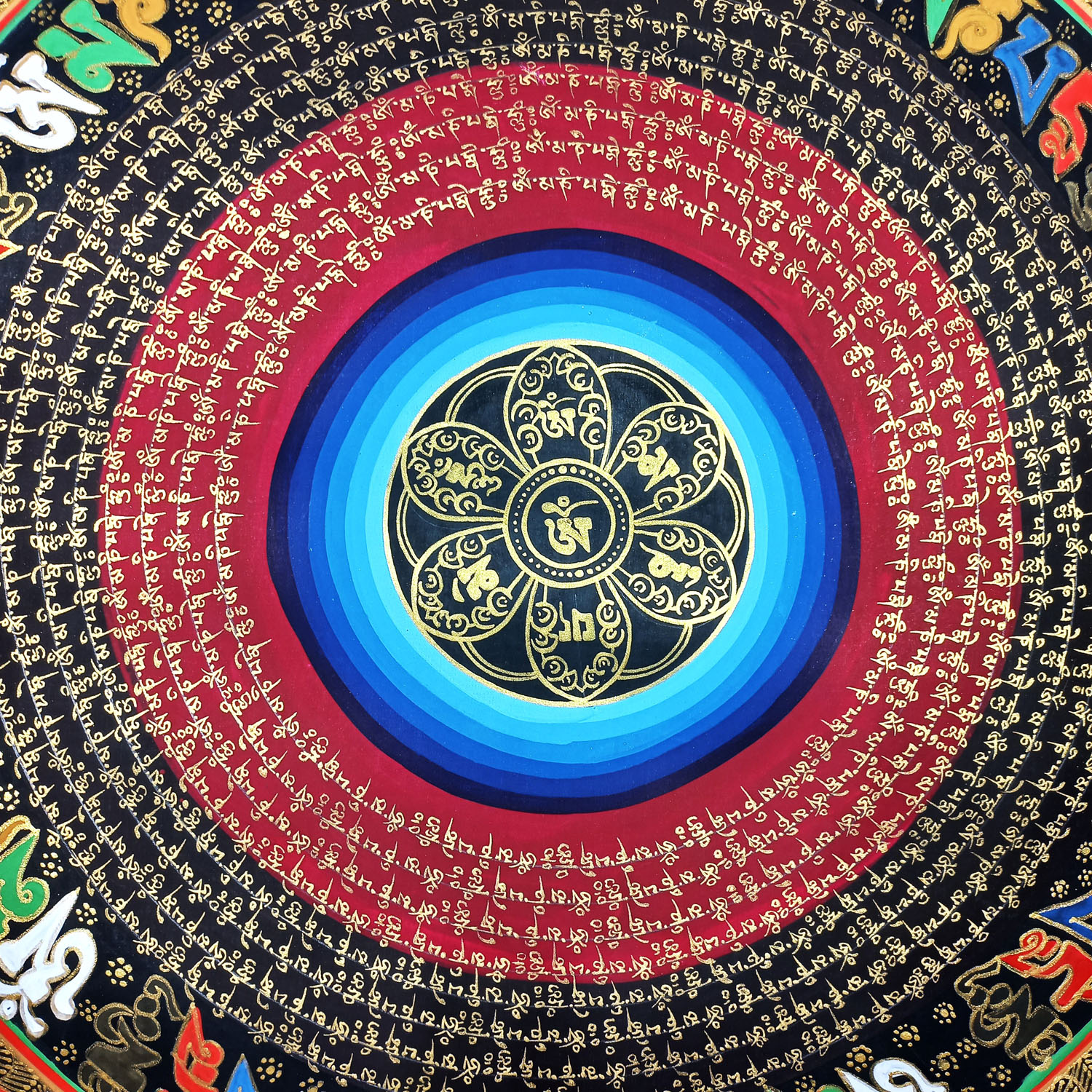 Om Hand-Hand-Painted Tibetan Mantra Mandala Thangka Painting