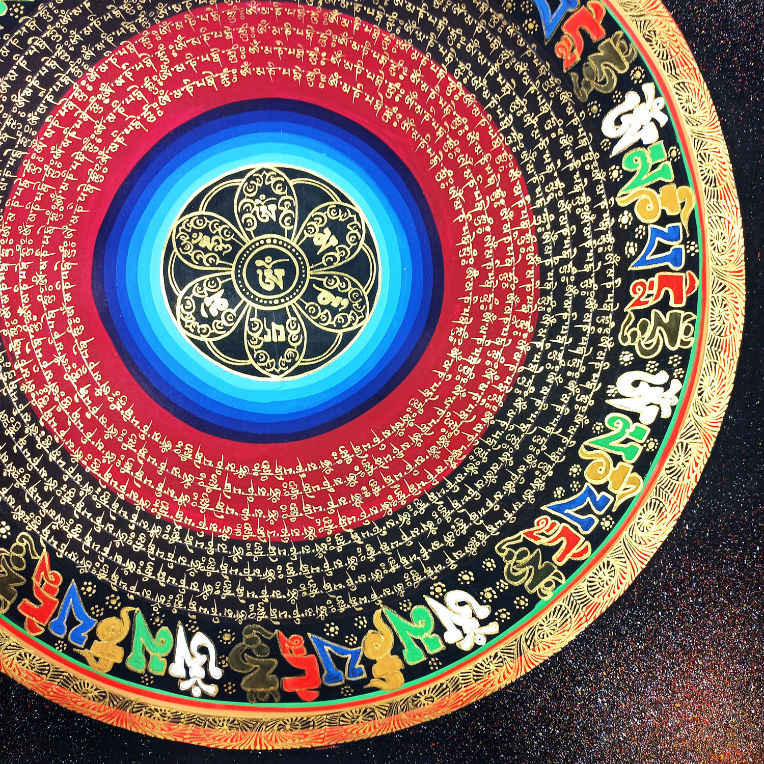 Om Hand-Hand-Painted Tibetan Mantra Mandala Thangka Painting