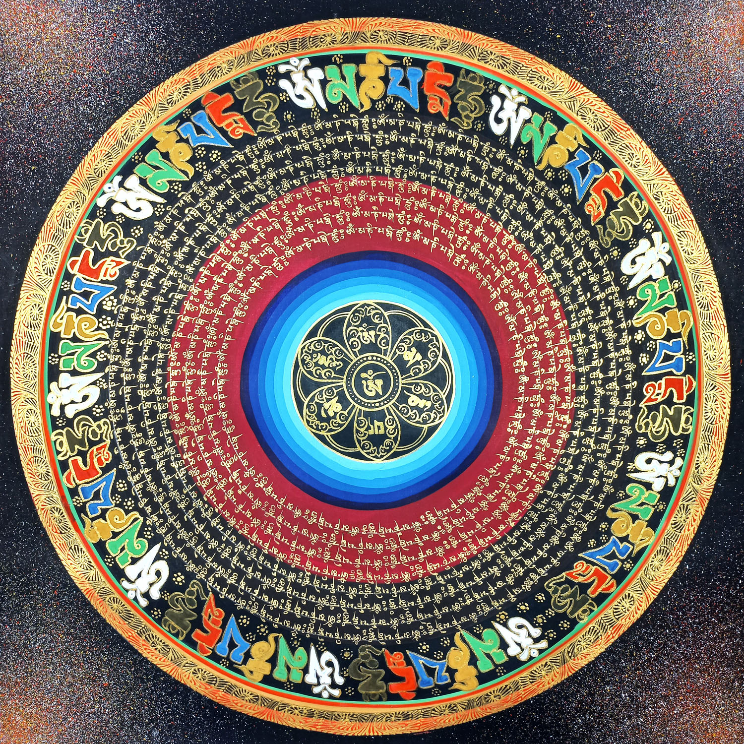 Om Hand-Hand-Painted Tibetan Mantra Mandala Thangka Painting