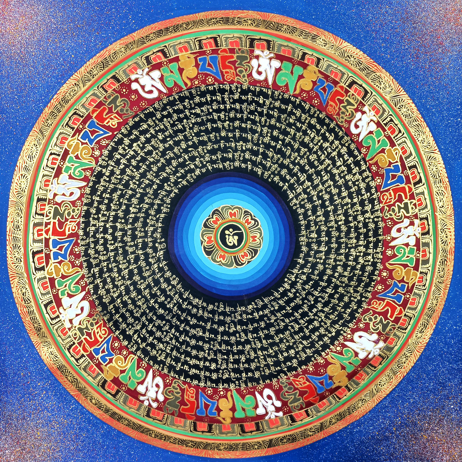 Om Hand-Painted Mantras Mandala Tibetan Thangka Painting From Nepal