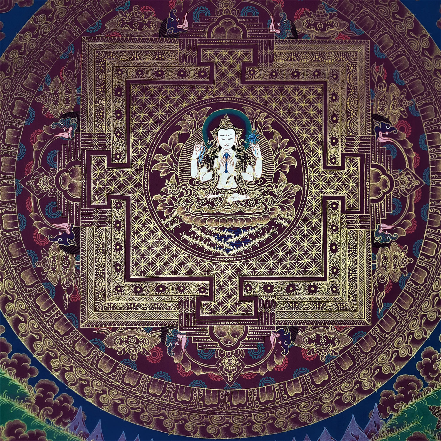 Chenrezig ,Masterpiece Mandala Hand- Painted Tibetan Thangka Painting