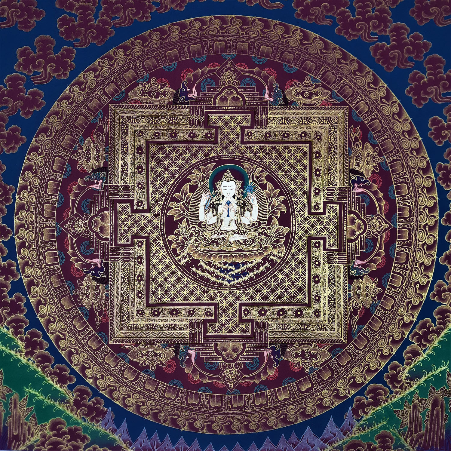 Chenrezig ,Masterpiece Mandala Hand- Painted Tibetan Thangka Painting