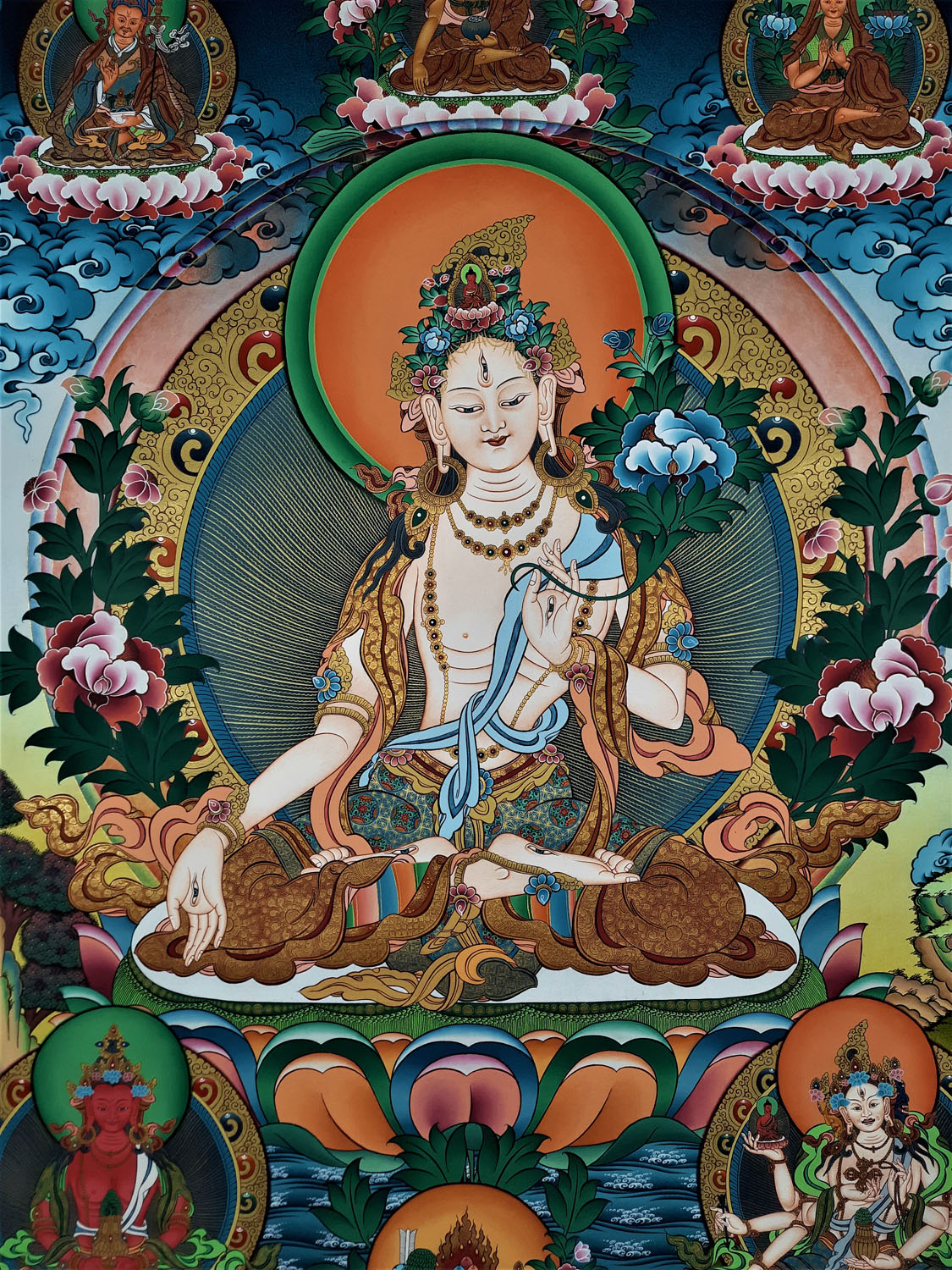 White Tara Masterpiece 24k Gold Thangka Painting