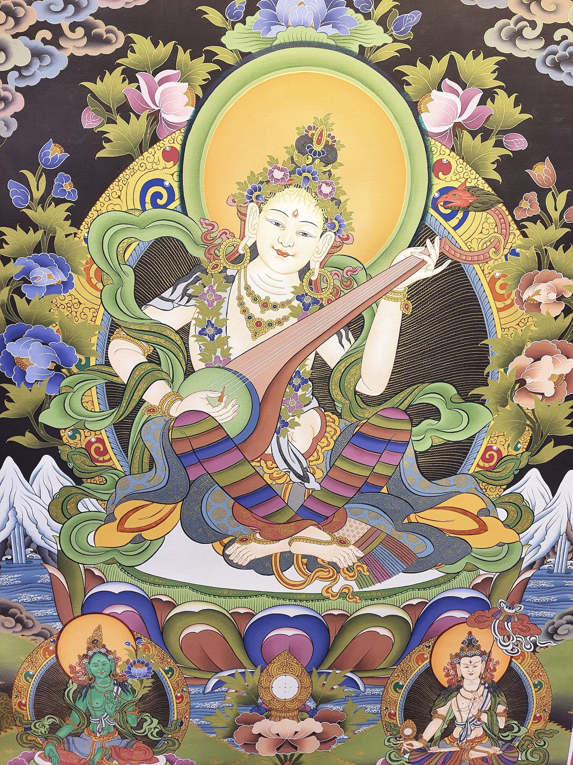 Sarasawati, God Of Education Hand Painted Tibetan Wall Hanging Meditation Original Hindu Thangka Painting From Nepal