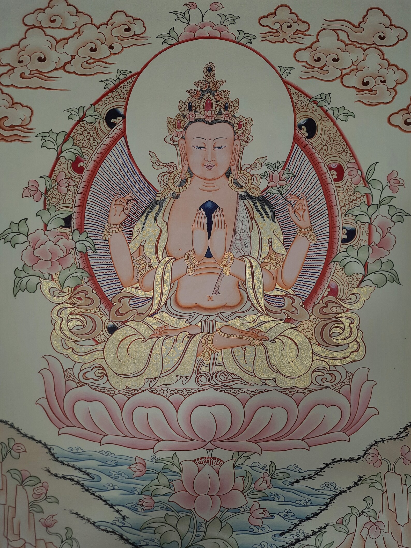 Chenrezig Masterpiece Hand-Painted Tibetan Thangka Painting