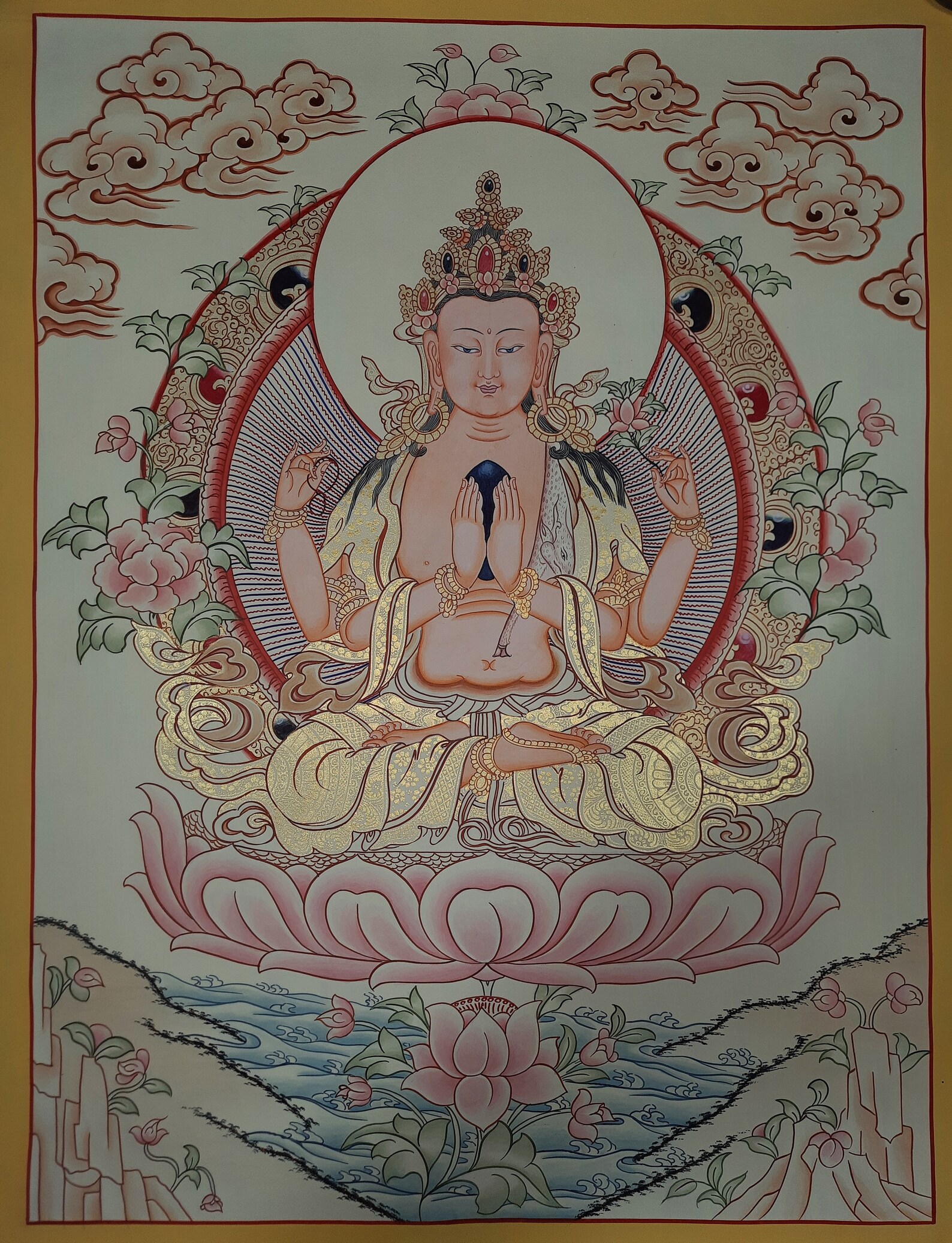 Chenrezig Masterpiece Hand-Painted Tibetan Thangka Painting