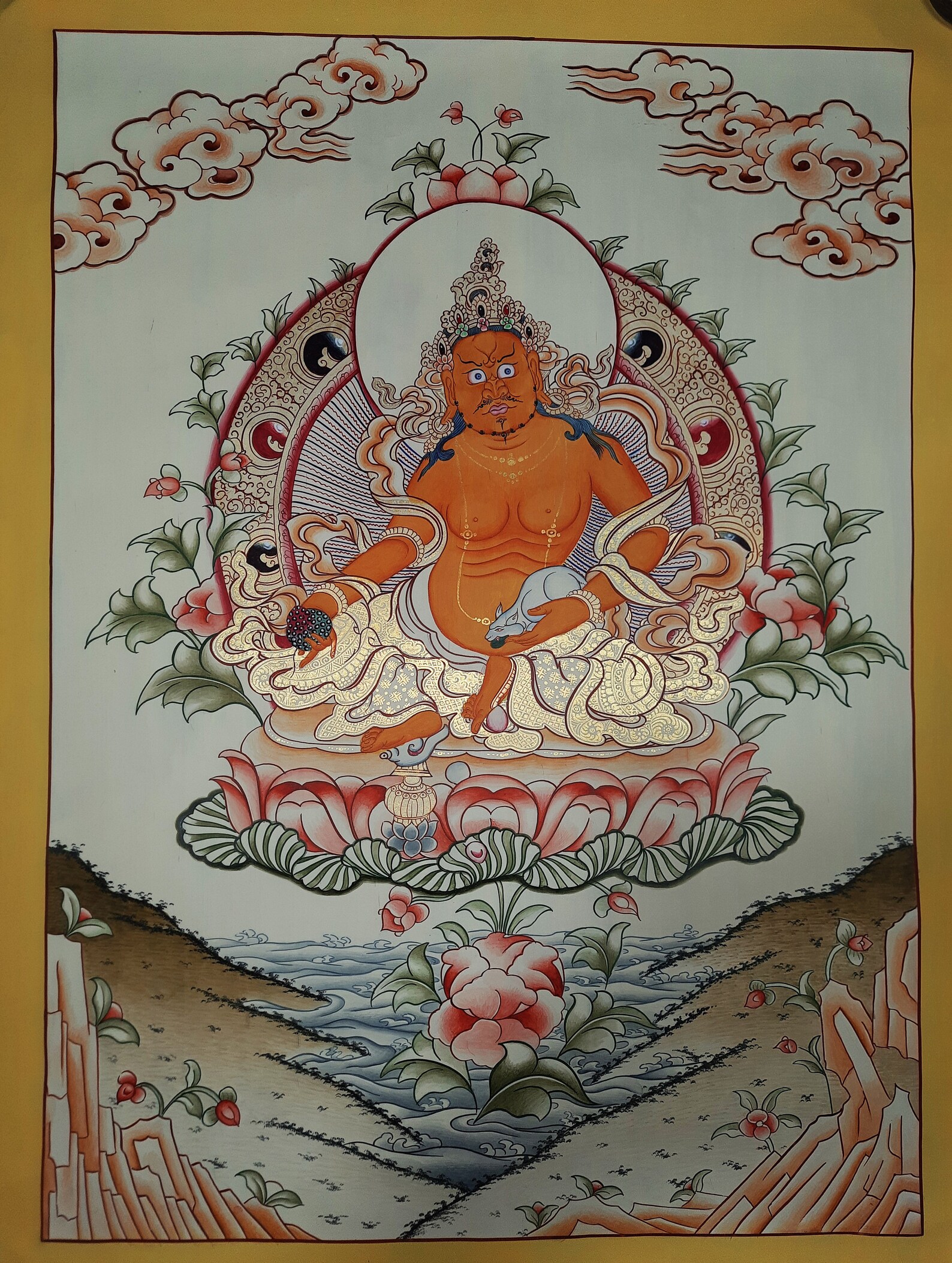 Original Jambhala, God Of Wealth, Wall-Hanging Hand-Painted Tibetan Thangka Painting From Nepal