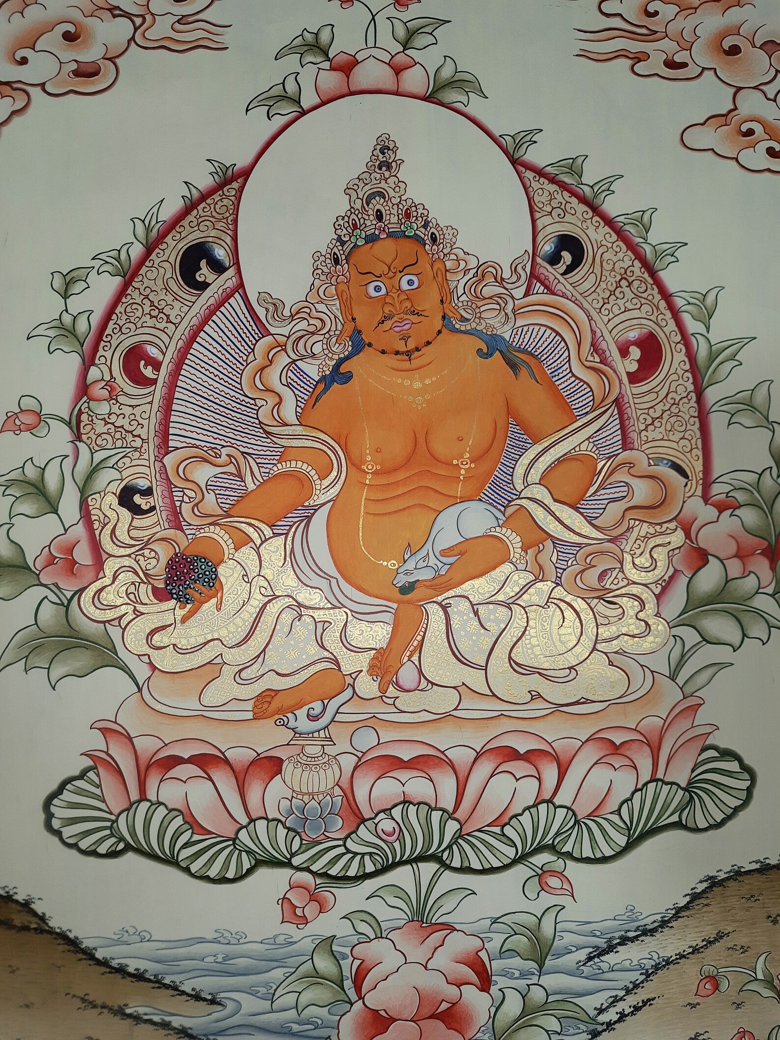 Original Jambhala, God Of Wealth, Wall-Hanging Hand-Painted Tibetan Thangka Painting From Nepal