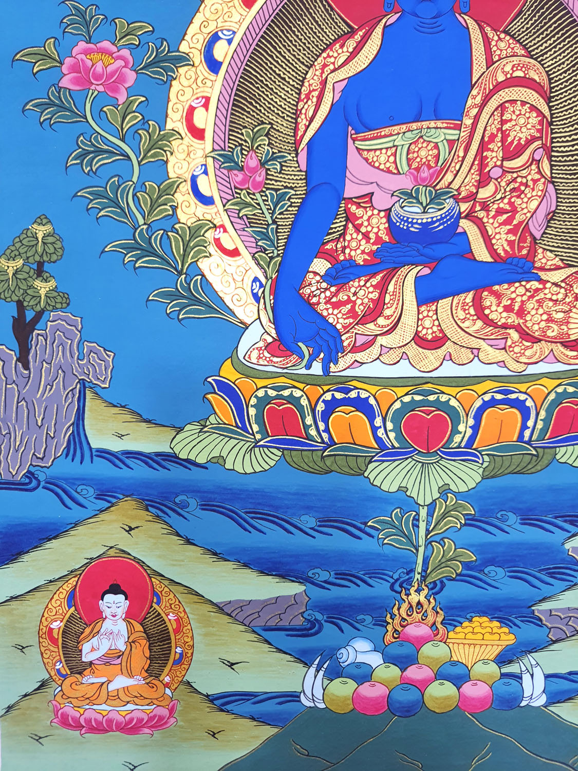 Original Hand- Painted Medicine Buddha / Bhaisajyaguru Tibetan Thangka Painting