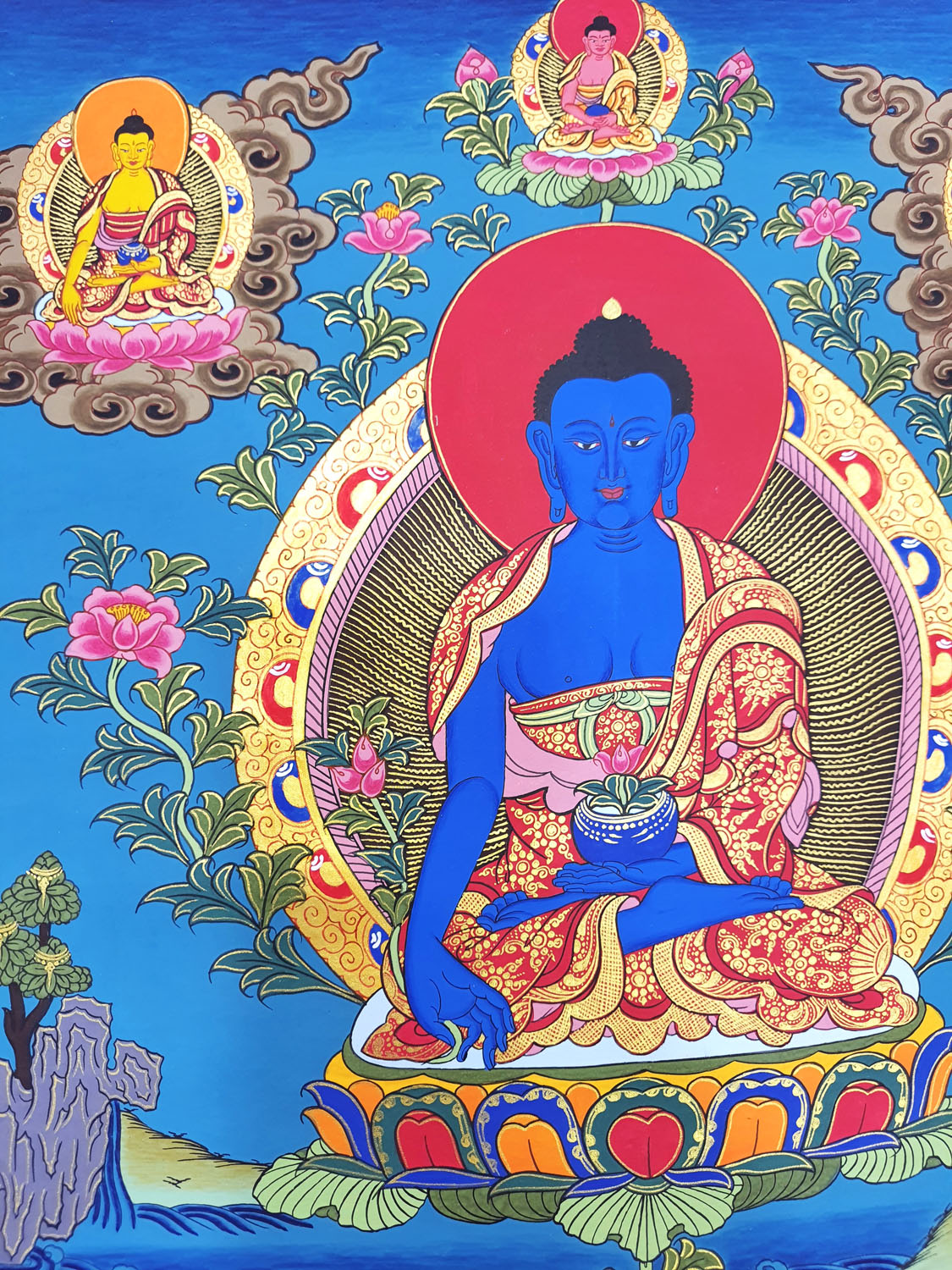 Original Hand- Painted Medicine Buddha / Bhaisajyaguru Tibetan Thangka Painting