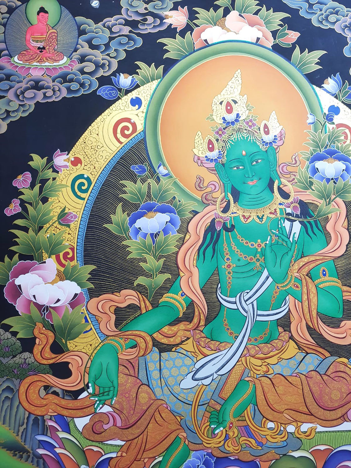 Green Tara Masterpiece Large Tibetan Hand Painted Thangka Painting From Nepal