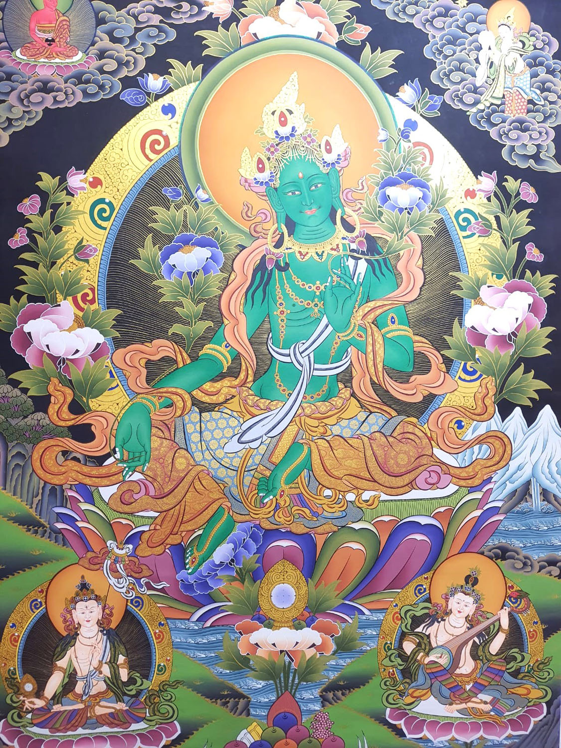 Green Tara Masterpiece Large Tibetan Hand Painted Thangka Painting From Nepal