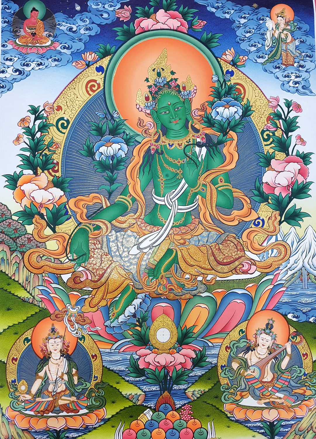 Green Tara Masterpiece 24k Gold Hand Painted Tibetan Thangka Painting From Nepal