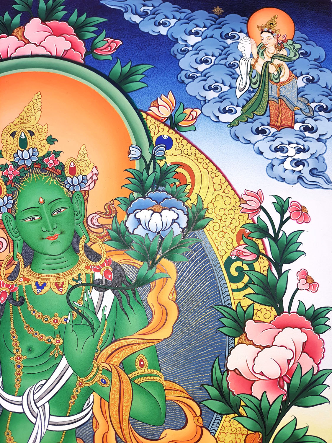 Green Tara Masterpiece 24k Gold Hand Painted Tibetan Thangka Painting From Nepal