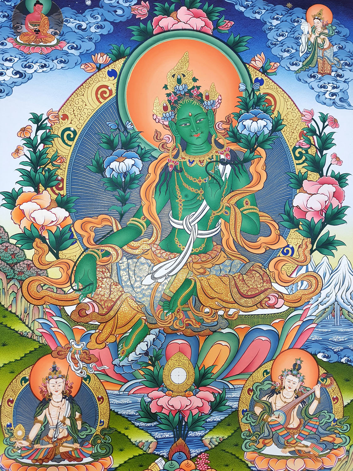 Green Tara Masterpiece 24k Gold Hand Painted Tibetan Thangka Painting From Nepal