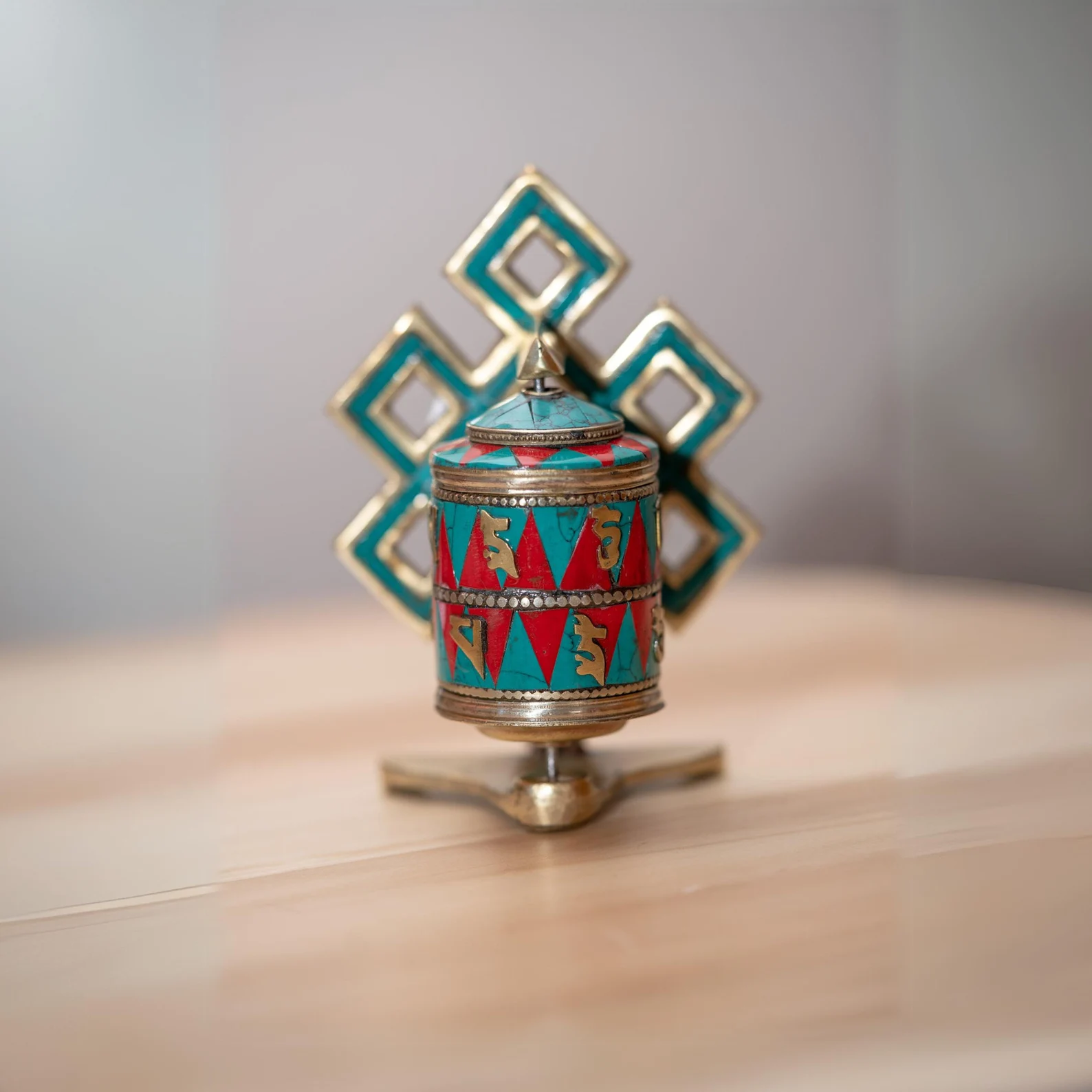 Tibetan Prayer Wheel with turquoise and Coral | Mantra Wheel | Mini Handicrafts from Nepal | Room decor and spiritual