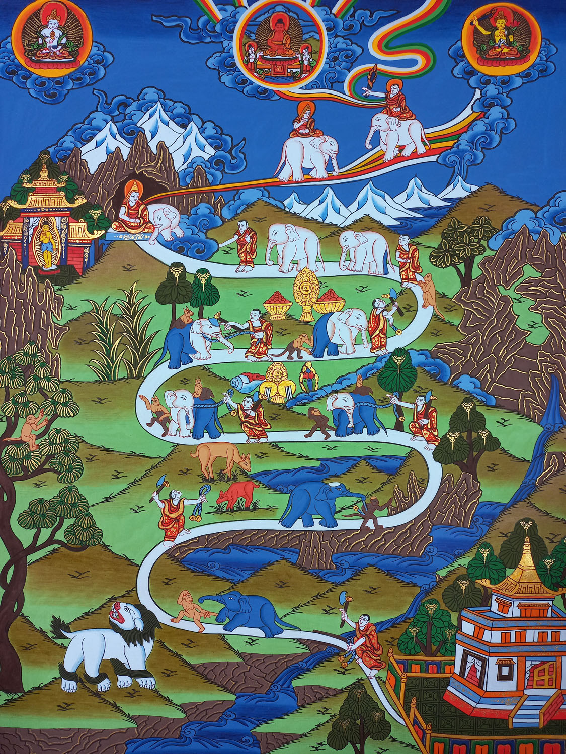 UOriginal Hand-painted Elephant Path/ Samatha Meditation/ Way to Heaven Thangka Painting