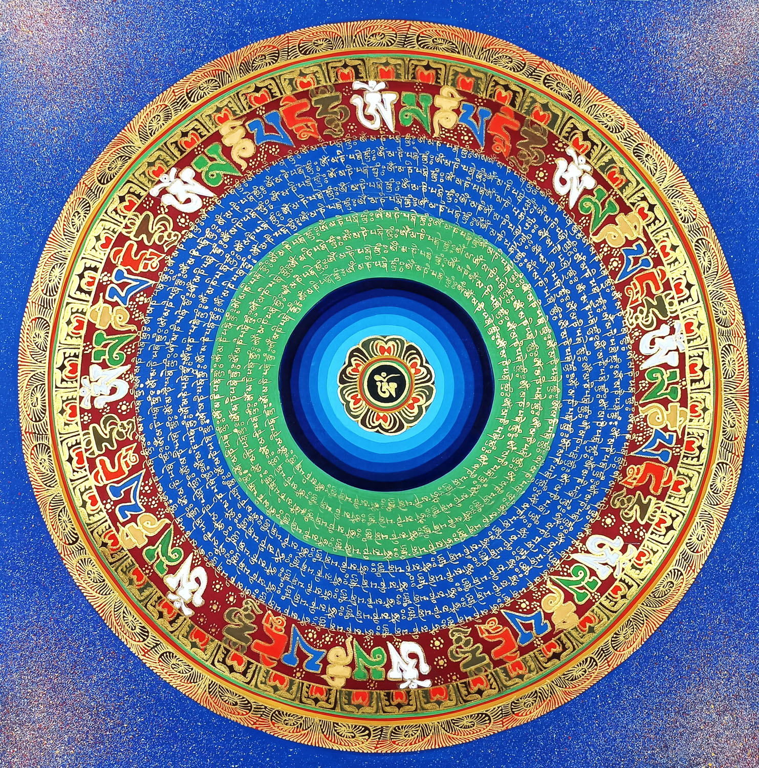 Om Mantra Mandala Hand-Painted Tibetan Thangka Painting From Nepal