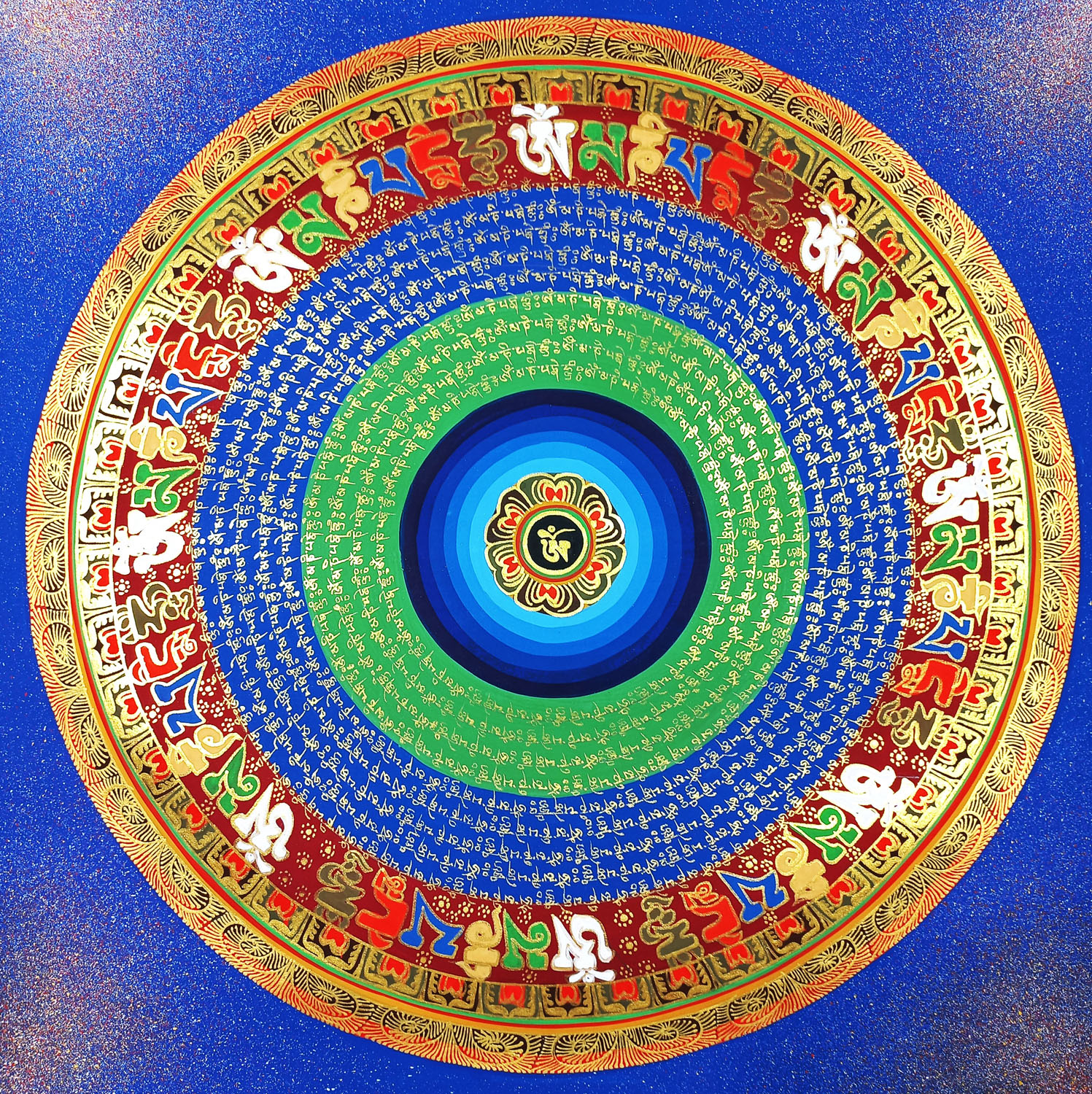 Om Mantra Mandala Hand-Painted Tibetan Thangka Painting From Nepal