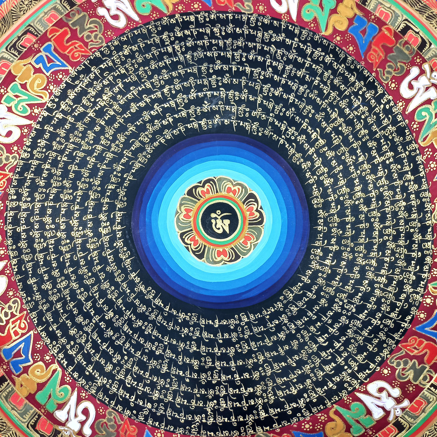 Om Mandala Hand-Painted Tibetan Mantra Thangka Painting