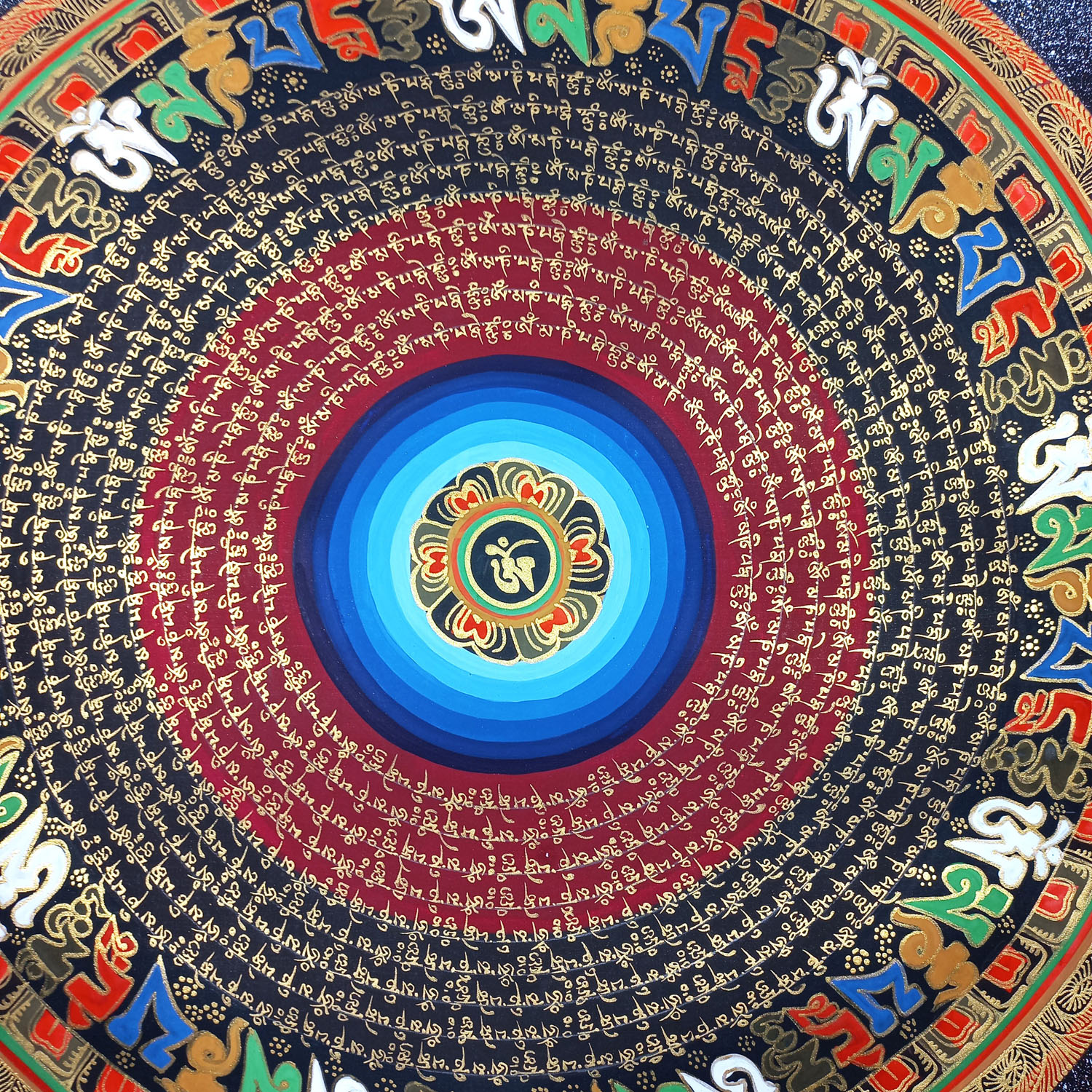 Om Hand Hand-Painted Tibetan Mantra Mandala Thangka Painting