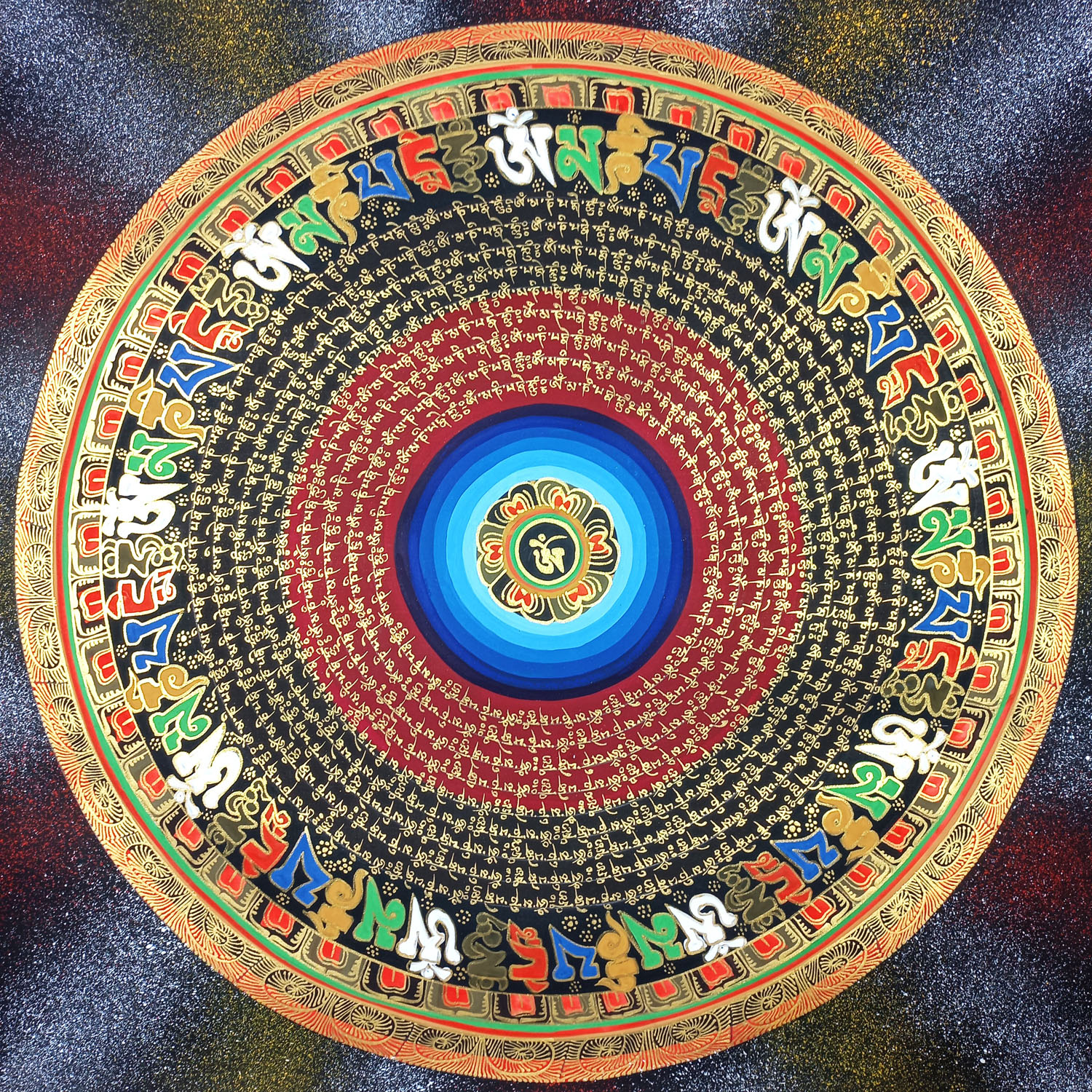 Om Hand Hand-Painted Tibetan Mantra Mandala Thangka Painting