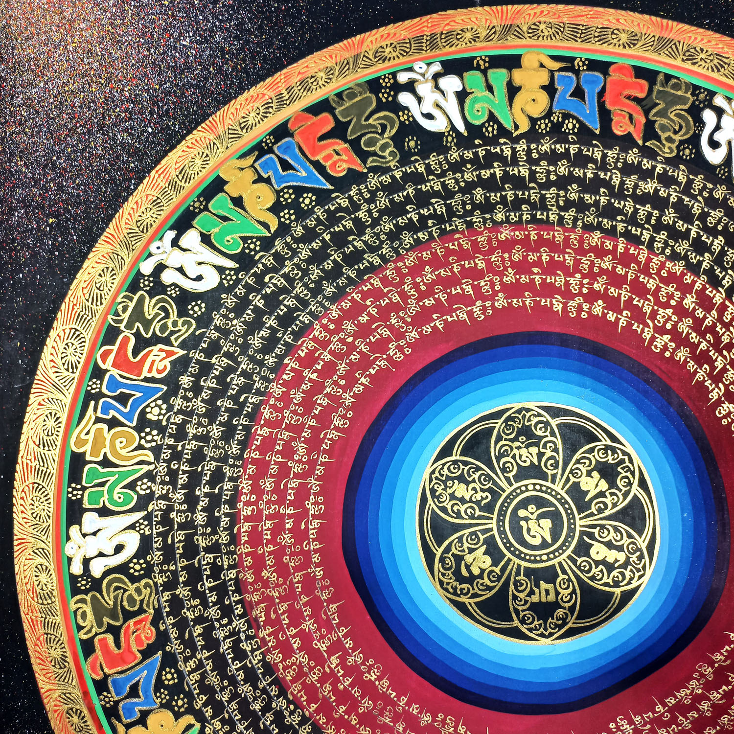 Om Hand-Hand-Painted Tibetan Mantra Mandala Thangka Painting