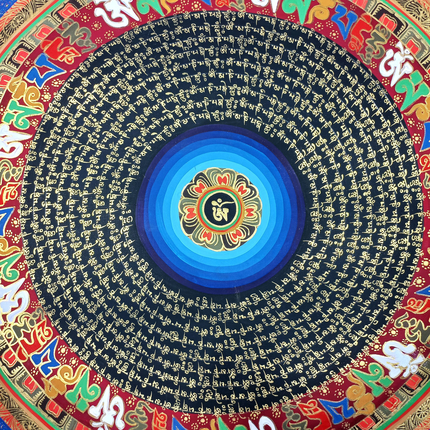 Om Hand-Painted Mantras Mandala Tibetan Thangka Painting From Nepal